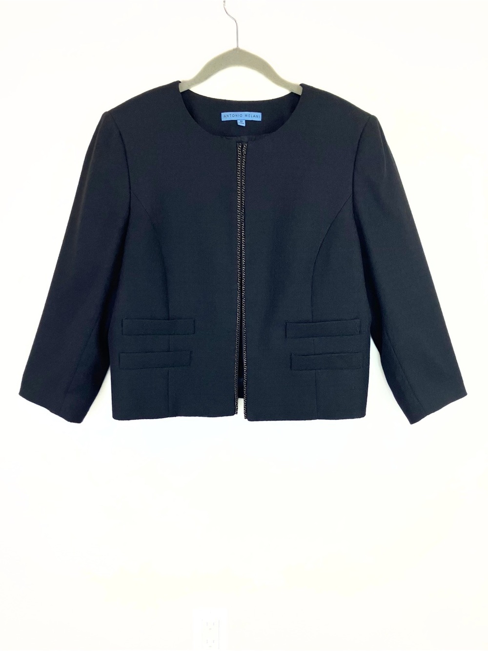 Antonio Melani Black Textured Cropped Jacket 3/4 Sleeve Chain Trim Sz 12